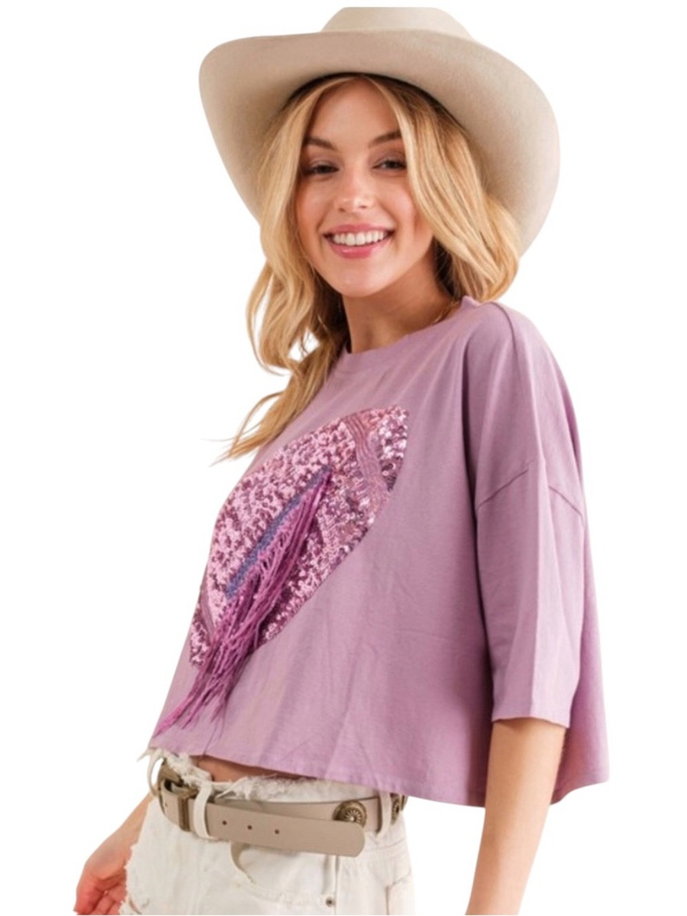 NEW Blue B. Light Pastel Purple Sequins & Fringe Football Cropped T-Shirt OS NFL